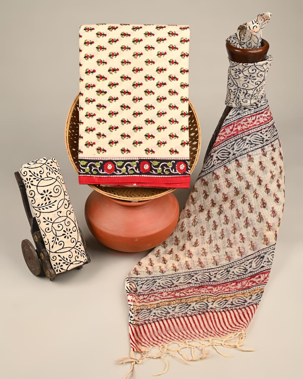 Handcrafted Kota Doria Cream Small Booti Dress Material – Lightweight handblock printed fabric for boutiques, designers & wholesale buyers